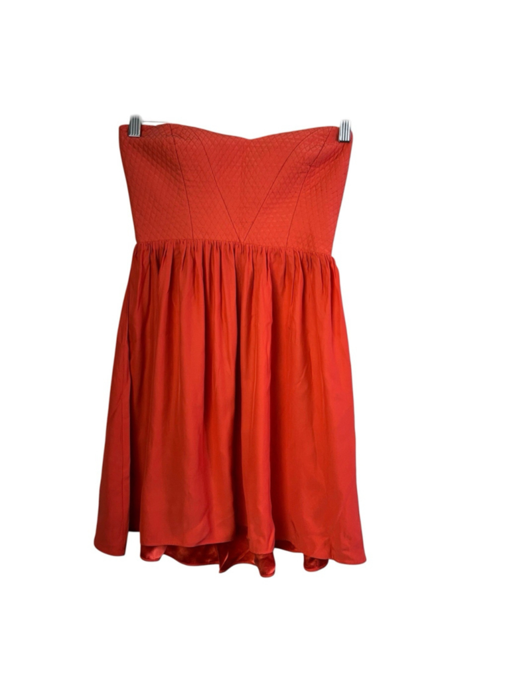 Parker New York Silk Strapless Dress Coral Red Orange quilted Bodice Mini Size S